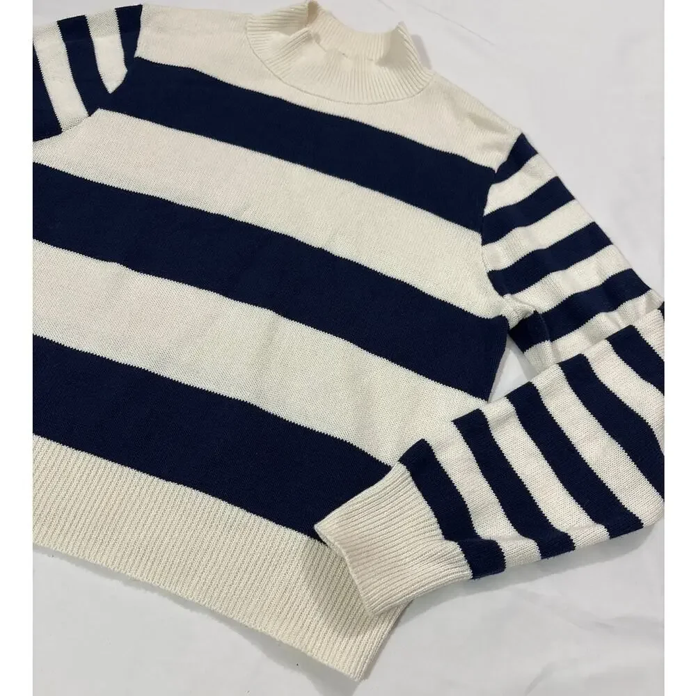 J.Crew Womens Medium Striped Mockneck Sweater Nautical Preppy Coastal Cotton